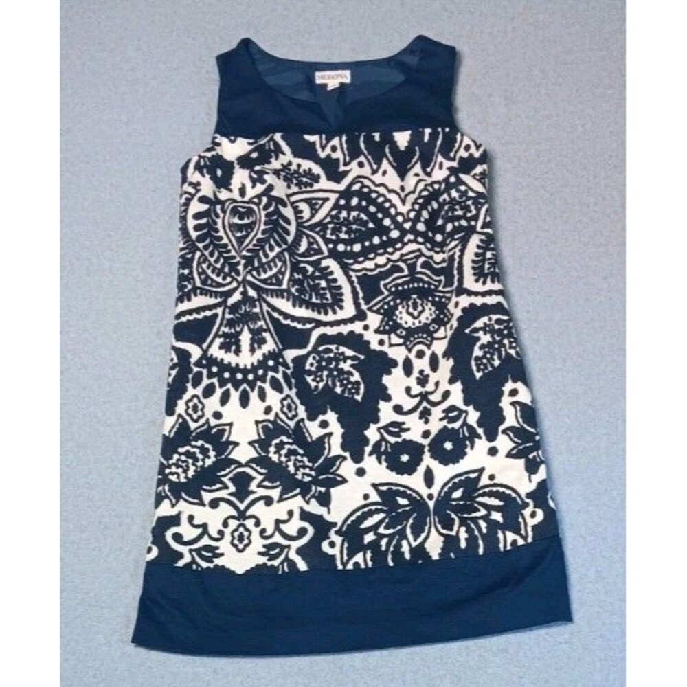 Merona Sleeveless Shift Mini Dress 4 Navy Blue White Floral Canvas Preppy Casual